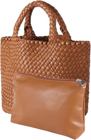 حقيبة منسوجة للنساء، حقيبة منسوجة من الجلد النباتي مع محفظة، حقيبة حمل للشاطئ مصنوعة يدويًا، حقيبة حمل من الجلد النباتي بمقبض علوي in Kuwait