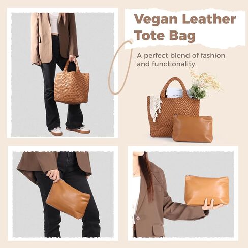 حقيبة منسوجة للنساء، حقيبة منسوجة من الجلد النباتي مع محفظة، حقيبة حمل للشاطئ مصنوعة يدويًا، حقيبة حمل من الجلد النباتي بمقبض علوي in Kuwait