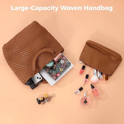 حقيبة منسوجة للنساء، حقيبة منسوجة من الجلد النباتي مع محفظة، حقيبة حمل للشاطئ مصنوعة يدويًا، حقيبة حمل من الجلد النباتي بمقبض علوي in Kuwait