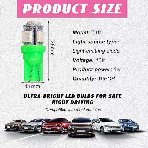 10 قطع لمبة إضاءة LED للسيارة، T10 5050 لمبة إضاءة LED للداخلية التلقائية، استبدال لمبة LED عالية السطوع للوحة القيادة وقبة خريطة لوحة ترخيص الباب (وردي أرجواني) in Saudi Arabia