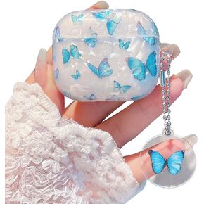 Cute Airpod 3 Case 2021 (Not Fit Airpod Pro) with Keychain White Marble Design Hard TPU Protective Cover Compatible with AirPods 3rd Generation Case for Girls Women (Blue Butterfly)