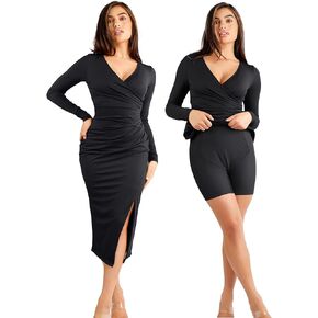 Popilush The Shapewear Dress V Neck - Midi Formal Wedding Dress for Women Built in Shapewear Long Sleeve Bodycon Dress Gift