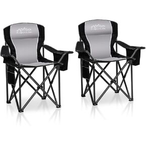 Portable Outdoor Heavy Duty Padded Lawn Chair with Cup Holder, Storage Pocket and Cooler Bag, Supports 450LBS Black