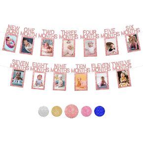 KatchOn, Glitter 1st Birthday Photo Banner - 2 Strings, 10 Feet | Pre Strung 1-12 Month Photo Banner for First Birthday Decorations Girl | Blue 12 Months Picture Banner for Happy Birthday Decorations