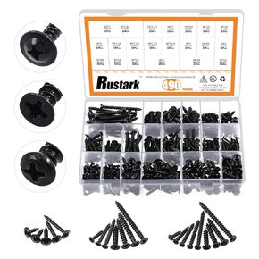 490Pcs #6#8#10 Black Wood Screws Assortment Kit, Pan Head&Flat Head&Truss Head Wood Phillips Screws Black Zinc Plated Steel Self Drilling Sheet Metal Head Self Tapping Screws Assortment Kit