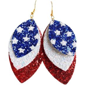 American Flag Earrings 4th of July Blue White Red Leather Earrings Multiple Layer Shiny Dangle Earrings Independence Day Holiday Jewerly Gift for Women