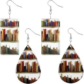 Book Drop Earrings for Women, Waterdrop Teardrop Dangle Earrings, Acrylic Bookshelf Bookcase Earrings Handmade Jewelry for Teacher Appreciation Writer Book Lover Gift, 2 Pairs