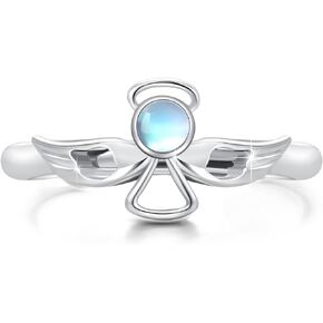 YueYuan Angel Wing Ring for Women 925 Sterling Silver Moonstone Ring Adjustable Guardian Angel Wing Statement Ring Moonstone Jewelry Gifts