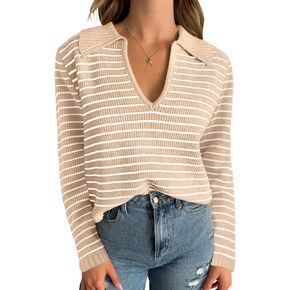Yousify Womens Striped Sweaters 2024 V Neck Long Sleeve Tops Fall Winter Comfy Knit Clothes Pullover Sweater S-2XL