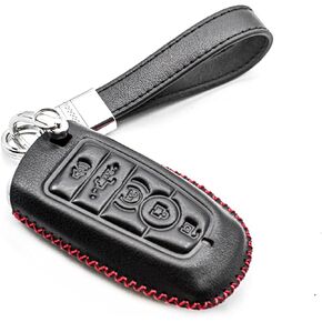 Fit for Ford Edge Escape Bronco Expedition Explorer F-150 Lightning F-250 F-350 Super Duty Mustang Lincoln Nautilus Navigator Aviator Leather Key Fob Cover, w/ Key Chain (5-Button, Black/Red)