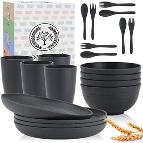 Homienly Wheat Straw Dinnerware Set,40-Piece Dish Set for 8, Dinner Plates, Dessert Plate, Cereal Bowls, Cups, Appetizer Plates,Reusable Dinner Plates Kids Plates and Bowls Sets,Black