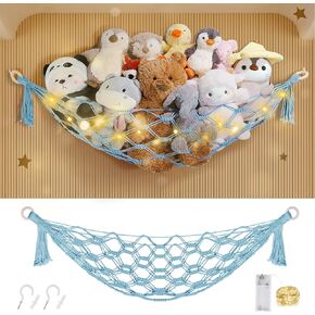 Nursery Hanging Organizers Stuffed Animal Storage with Fairy Lights, Banana Shaped Stuffed Animal Hammock, Hanging Stuffed Animal Net or Hammock, Room Decor for Teen Girls, Baby Blue