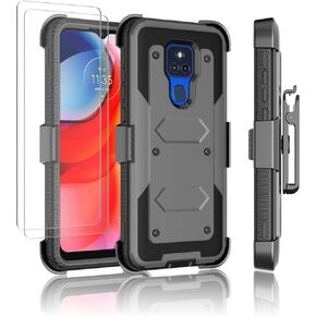 Njjex for Moto G Play 2021 Case, for Motorola G Play 2021 Case W/Tempered Glass Screen Protector [2 Pack], [Nbeck] Shockproof Heavy Duty Locking Swivel Holster Belt Clip Kickstand Rugged Cover [Grey]