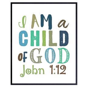 Bible Verse Wall Art - I Am A Child of God, John 1:12 - Holy Scriptures Wall Decor - Toddler Boys Bedroom Decor, Little Boys Room Decorations, Baby Boy Nursery - Christian Gifts - Religious Wall Decor