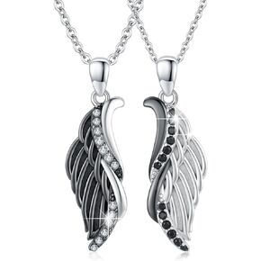 CUOKA MIRACLE Couple Wings Necklace, 925 Sterling Silver A Pair Couple Jewelry Guardian Angel Wings His and Her Matching Necklace Wings Black and White Angel Pendant Gift for Couples Best Friends