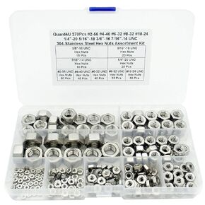 270Pcs #2-56#4-40#6-32#8-32#10-24 1/4"-20 5/16"-18 3/8"-16 7/16"-14 UNC 304-Stainless Steel Hex Nuts Assortment Kit