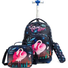 Egchescebo Kids Rolling Backpack for Girls Flamingo Childrens Luggage with Wheels Toddler Travel Suitcase Backpacks Girl Kid Lunch Bookbag Escolares Elementary Mochila con Ruedas para Niñas Black