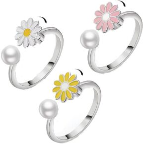 9Pcs Anti Anxiety Ring with Beads Fidget Open Rings Set for Women - Silver Fidget Ring Anti Anxiety Rings for Men Women Adjustable Fidget Rings Stress Relief Stackable Ring (Silver Flower)