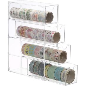 Acrylic Washi Tape Organizer, Clear Washi Tape Storage Holder with 4 Sliding Drawers, Desk Accessories Display Caddy Craft Box, Washi Tape Dispenser for Scrapbooking Art Craft Supplies