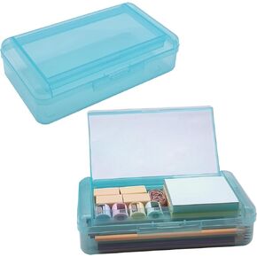 1 PCS Pencil Box,Double Layer Large Capacity Pencil Box,Translucent Plastic Hard Pencil Box, with Snap-tight Lid Stackable Pencil Box, Pencil Box for Office School Supplies Pen Boxes (Blue)