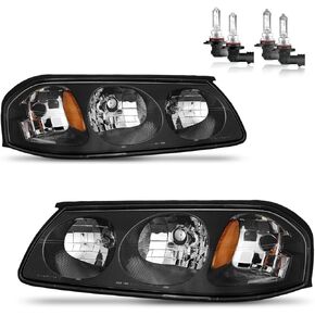 Headlights Assembly for 2000-2005 Chevy Impala Headlamp Replacement Black Housing Amber Reflector Driver & Passenger Side