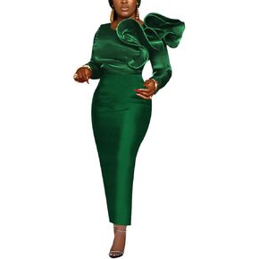 AOMEI Women's Crewneck Long Sleeve with Asymmetrical Ruffles Slim Long Dress