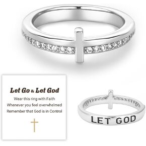 Cross Ring for Women Non Tarnish, Cubic Zirconia Purity Ring for Christian, Engrave Let Go & Let God Dainty Trendy Religious Pray Ring