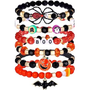 Halloween Bracelets Beaded Pumpkin Candy Corn Spider Ghost Charms Bracelets BOO Happy Halloween Stretch Bracelets Set Holiday Jewelry Gift