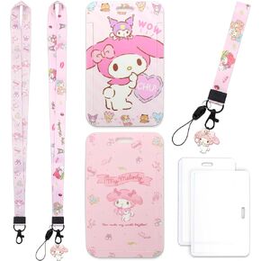7pcs Cute Cartoon Pink Lanyard with ID Card Holder for Keys with Hard Card Case and Charm Clip Clasp, Kawaii Japanese Anime Silky Neck Lanyards for Women