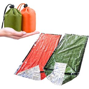 Emergency Survival Sleeping Bag 2 Pack - Thermal Portable Bivy Sack Waterproof for Camping, Hiking, Outdoor Activities - Lightweight & Compact Blanket for Travel - Orange & Green