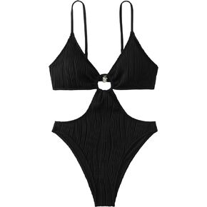 WDIRARA Women's Textured Cut Out One Piece Swimsuit Ring Linked Ruched Bathing Suit