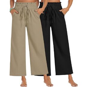 2 Pcs Women's Wide Leg Pants, Casual Linen High Waisted Cropped Trousers with Pockets Drawstring Loose Palazzo Pants (Black, Khaki, XX-Large)