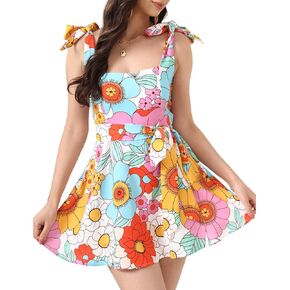 Womens Floral Mini Dress Casual Summer Sleeveless Flower Dresses Square Neck A line Short Dress with Pockets
