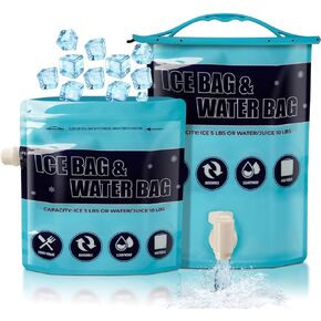 Reusable Ice Bag 5lb & 2.5lb, 2Pcs Ice Cube Bag & Water Bag, Keep Dry & Cold, Large Ice Pack for Cooler Leakproof, Water Container for Camping Hiking and Fishing