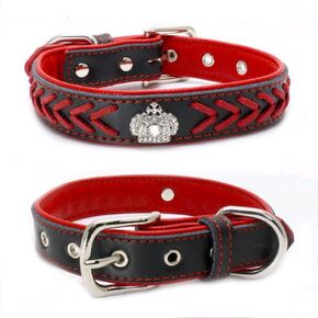 Dogs Kingdom 14.5"-24" Length Soft Genuine Leather Hand Made Rope Braided Dog Collar with Rhinestone Crown Decoration for Small Medium Dogs Pitbull Terrier Adjustable Blue S