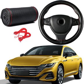 1PC Leather Steering Wheel Cover,Stitch on Wrap,DIY Sewing with Needle Thread,Anti-Slip Car Steering Wheel Protector for Max Diameter 15 Inch(Hole-Black)