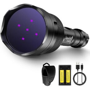 UniqueFire 365nm Black Light UV Flashlight with 5 LEDs Professional UV Light, 50W Powerful Blacklight Flashlight Rechargeable for Pet Urine Finding & Mineral, Antique Detection, Scorpion Search, etc