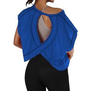 Open Back Oversized Cotton Workout Shirts for Women Casual Athletic Crop Baggy Gym Yoga T Shirts Activewear Tops