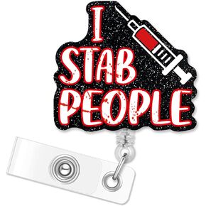 I Stab People Retractable Black Glitter Badge Reel with Clip, Funny ID Card Badge Holder Gift for Nurses Doctors Lab Tech Phlebotomist Technologist Technician First Responder