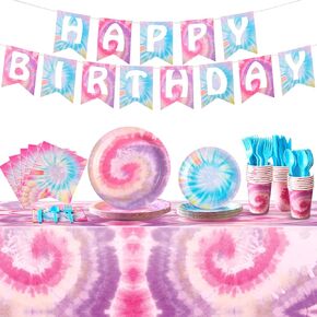 Zonon Tie Dye Birthday Party Decorations, Colorful Birthday Party Supplies Include Tie Dye Tablecloth, Plates and Napkins, Cups, Banner for Birthday Party Decorations(Classic Style)