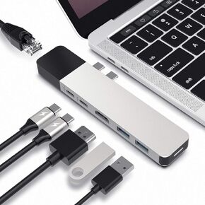 موزع HyperDrive USB C، محول محور مزدوج من النوع C لجهاز MacBook Pro 13 بوصة 15 بوصة، 6 في 2 متعدد المنافذ Thunderbolt USB-C دونجل مع جيجابت إيثرنت، 40 جيجابايت/ثانية C-USB 100 وات، 5 جيجابايت/ثانية نوع C 60 وات بي دي، 4 كيه اتش دي ام اي