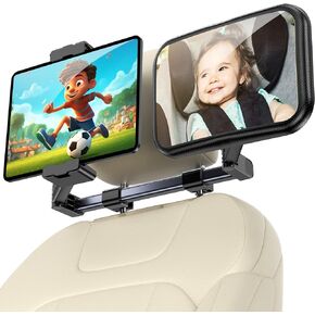 Baby Car Mirror for Back Seat: 2 in 1 Safety Car Seat Mirror for Baby Rear Facing with Tablet Holder [Extension Arm] Car Mirror for Infant Newborn with Hook Clip Design Non-Shaking Wide View