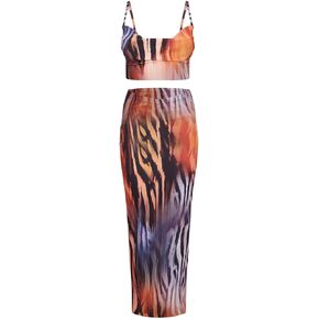 LASPIA Women's Summer 2 Piece Beach Outfit Casual Sleeveless Pleated Cropped Tank Top High Waisted Maxi Skirt Set