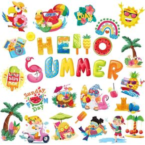 HOWAF 33 PCS Hello Summer Beach Tropical Cutouts Bulletin Board Decorations, Colorful Ice Cream Gnome Flamingo Paper Cutouts Stickers with 100 Glue for Classroom School Kindergarten Party Supplies