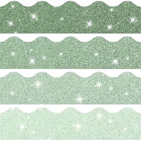 60Pcs Summer Glitter Sage Green Bulletin Board Borders 4 Colors Shine Green Scalloped Self-Adhesive Border Trims Sparkly Border Sticker Decals for School Chalkboard Party Wall Decor