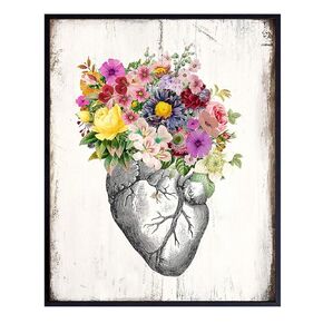 Floral Heart Rustic Wall Art - 8x10 Vintage Shabby Chic Home Decor, Decoration for Living Room, Bedroom, Bathroom, Medical Office, Hospital ER- Gift for Nurse, Doctor, RN, Physicians Assistant, Women