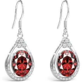 18K White Gold Plated Sterling Silver Oval Cut Cubic Zirconia Drop Dangle Earrings for Women Hypoallergenic Statement Earrings Gifts for Women Mom (Red)
