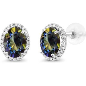 Gem Stone King 10K White Gold Blue Mystic Topaz and White Diamond Halo Earrings For Women | 1.94 Cttw | Gemstone Birthstone | Oval 7X5MM