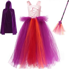 LIN&BABAY Hocus Pocus Costume for Girls Movie Cosplay Sanderson Sisters Dress with Cloak Broom Kids Halloween Costume