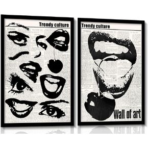Vintage Funky Canvas Wall Art 70s Quirky Girly Eyes Lips Room Aesthetics Poster Preppy Black and White Abstract Prints Trendy Downtown Girl Room Wall Decor for living rooms, beautiful bedrooms, dining